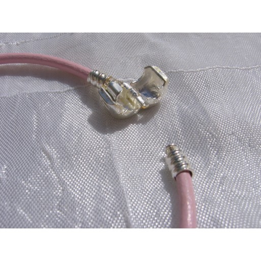 BRACELET CUIR PERLES VERRE ROSE METAL ARGENTE...