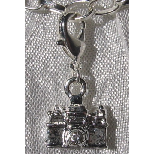 1CHARM APPAREIL PHOTO STRASS CRISTAL METAL ARGENTE BRELOQUE MOUSQUETON *V293A