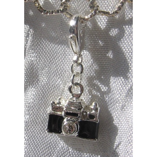 1CHARM APPAREIL PHOTO NOIR STRASS CRISTAL METAL ARGENTE BRELOQUE MOUSQUETON*V293