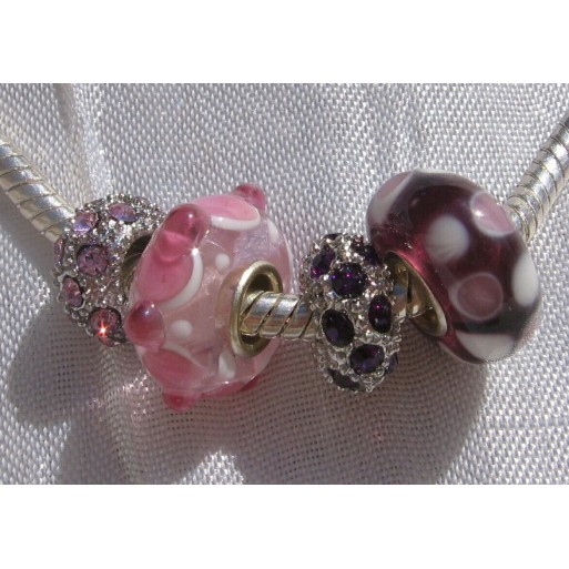 MIX 4 DONUTS CHARMS PERLES RONDELLE STRASS VERRE ROSE MAUVE SINGLE CORE *D683