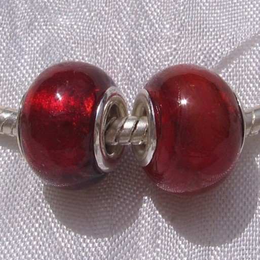 2 PERLES DONUTS CHARMS METAL ARGENTE RONDELLES VERRE LAMPWORK ROUGE serpent*D715