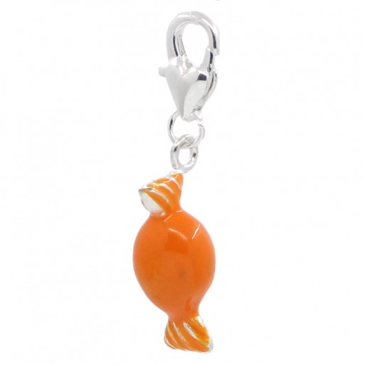 1 CHARM BONBON ORANGE BRELOQUE SUR MOUSQUETON PERLE METAL ARGENTE *V137