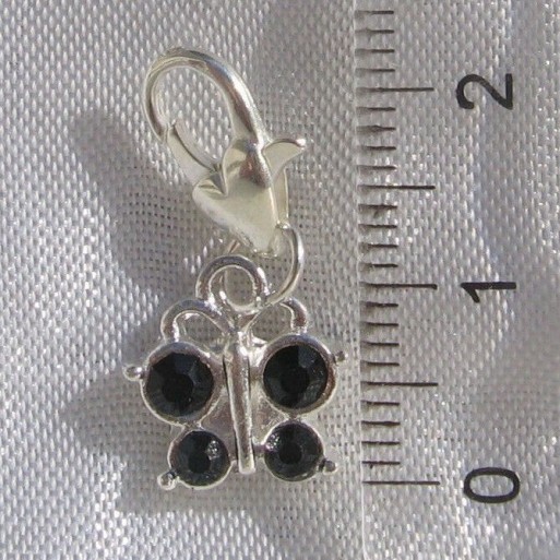 1 CHARM SUR MOUSQUETON PAPILLON STRASS NOIRES BRELOQUE EN METAL ARGENTE *V359