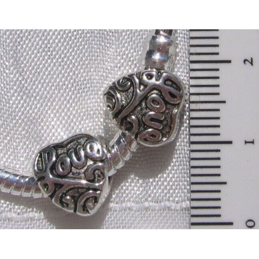 LOT DE 2 CHARMS PERLES ANNEAUX COEURS LOVE METAL ARGENTE 10x9mm trou 5mm *E21