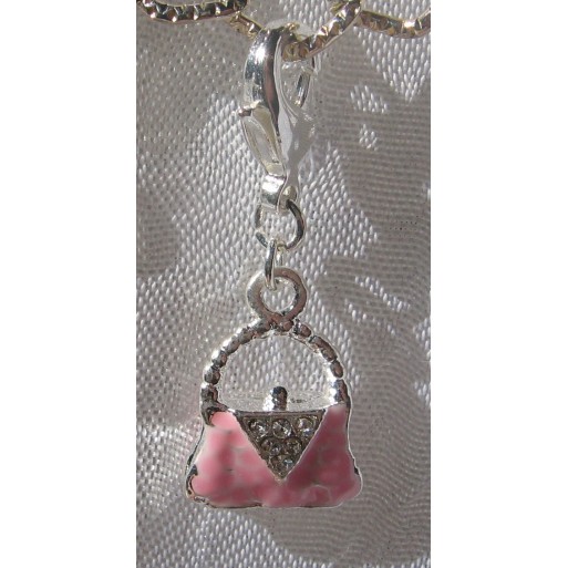 1 CHARM SUR MOUSQUETON BRELOQUE SAC DE LUXE ROSE DOUBLE FACE METAL ARGENTE *V287