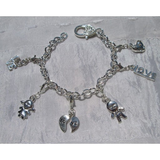 BRACELET ARGENTE 6 CHARMS MOUSQUETONS CLIPS ARGENTE 19CM «AMOUR TOUJOURS»