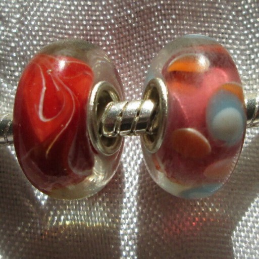 2 PERLES DONUTS ROSE ORANGE ROUGE LAMPWORK COMPATIBLES CHAINE SERPENT *D585