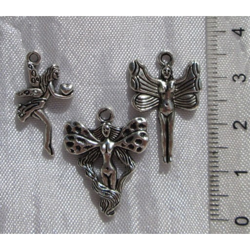 3 BRELOQUES CHARMS MIX FAIRY FEES DES FLEURS PERLES METAL ARGENTE *B479