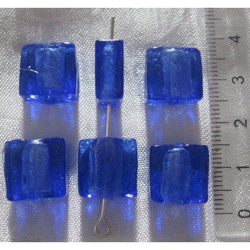 Lot de 6 perles carrées 12mm x 6mm verre bleu saphir bleu royal galet plat *L249