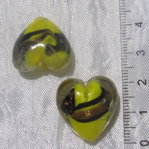 Lot de 4 perles jaunes 20mm COEURS verre fils or noir pour boucles pendent *L214