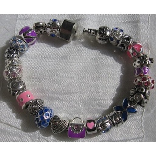 BRACELET SERPENT MÉTAL ARGENTE CHARMS PERLES DONUTS VERRE STRASS "L'EXQUIS"