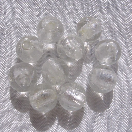 10 perles rondes 10mm verre lampwork blanc translucide feuille d’argent *L233