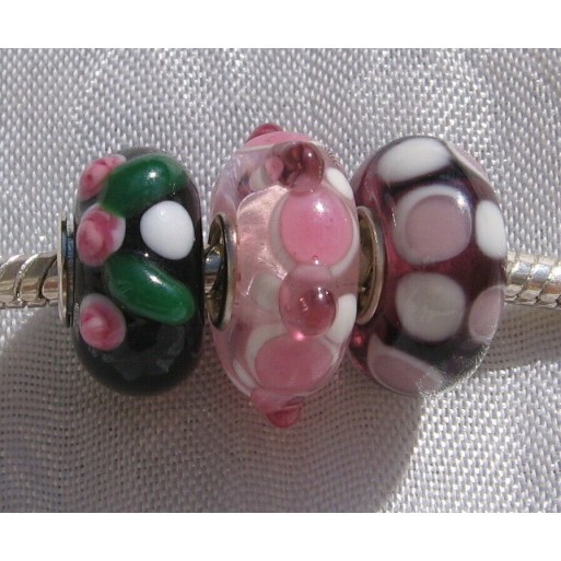 LOT DE 3 PERLES RONDELLES DONUT VERRE MAUVE ROSE NOIR METAL ARGENTE CHARMS *D702