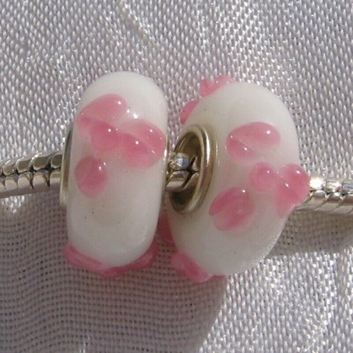 2 CHARMS PERLE RONDELLE DONUT VERRE BLANC ROSE SINGLE CORE METAL ARGENTE *D687