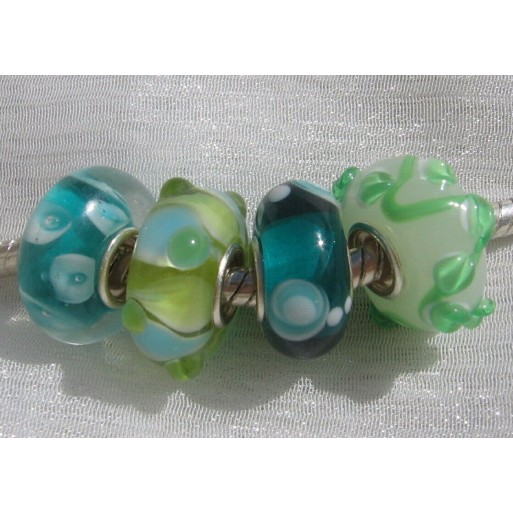 LOT DE 4 PERLES RONDELLES DONUT VERRE VERT TURQUOISE SOCLE UNI ARGENTÉ *D654