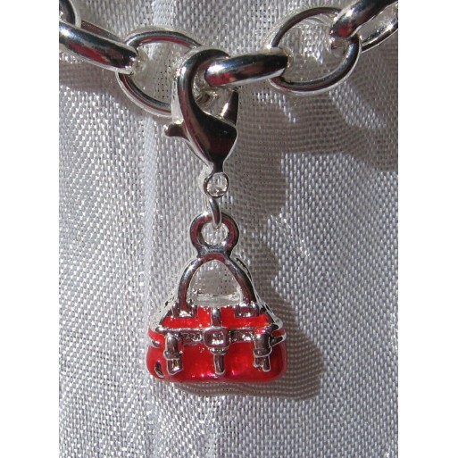 1 CHARM BRELOQUE SUR MOUSQUETON SAC A MAIN ROUGE METAL ARGENTE *V12