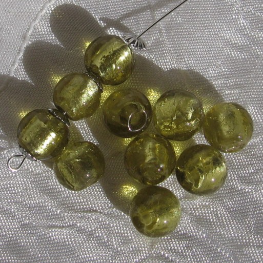 Lot de 10 perles rondes 10mm-9mm verre vert kaki lampwork feuille d’argent *L302