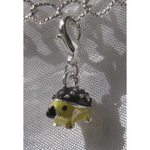 1 CHARM HERISSON JAUNE NOIR BRELOQUE SUR MOUSQUETON PERLE METAL ARGENTE *V343