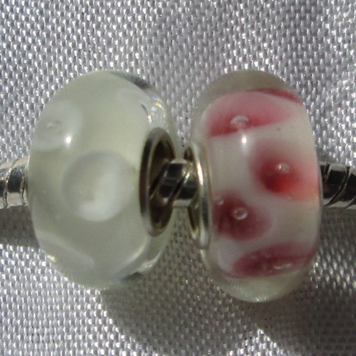 2 PERLES DONUTS MIX BLANC & ROSE CHARMS LAMPWORK COMPATIBLES CHAINE SERPENT*D608