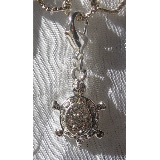 1 CHARM TORTUE STRASS CRYSTAL SUR MOUSQUETON METAL ARGENTE STRASS *V298