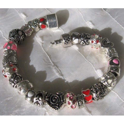 BRACELET ARGENTE CHARMS PERLES DONUTS VERRE STRASS COMPATIBLE "COEUR GENEREUX"