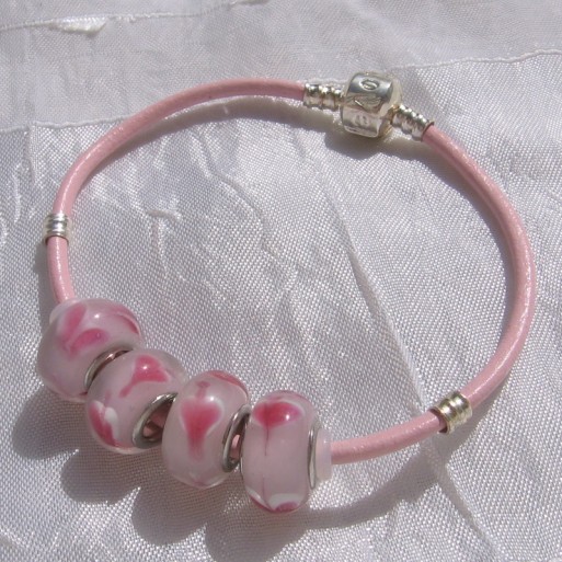 BRACELET CUIR PERLES VERRE ROSE METAL ARGENTE CLIP LOVE « FLEUR ROSE » N°3