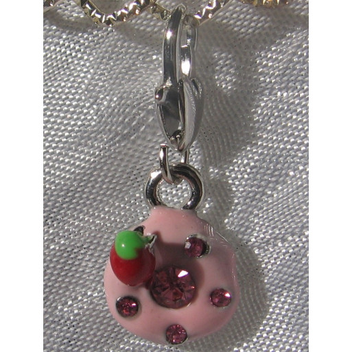 1 CHARM ARGENTE BRELOQUE SUR MOUSQUETON BEIGNET ROSE A LA FRAISE STRASS *V259