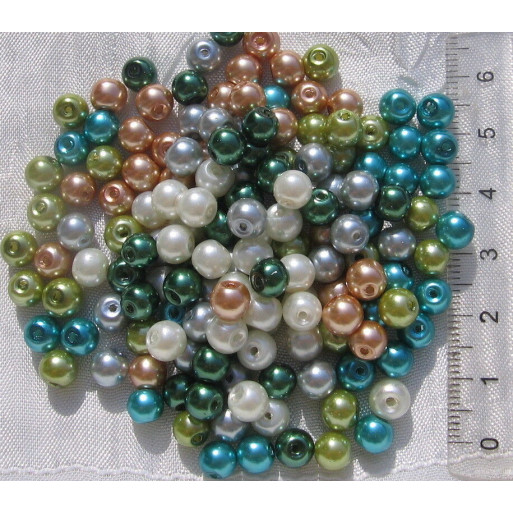 MIX 150 PERLES 6MM VERRE NACRE RENAISSANCE VERT GRIS TURQUOISE CREME MARRON*RU28