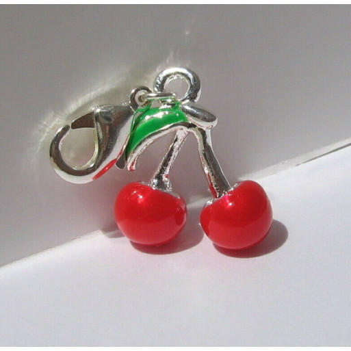 1 CHARM SUR MOUSQUETON CERISES ROUGES 3D BRELOQUE METAL ARGENTE *V70