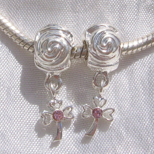 LOT 2 CHARMS PERLES ANNEAUX BRELOQUE TRÈFLE STRASS ROSES METAL ARGENTE - H270