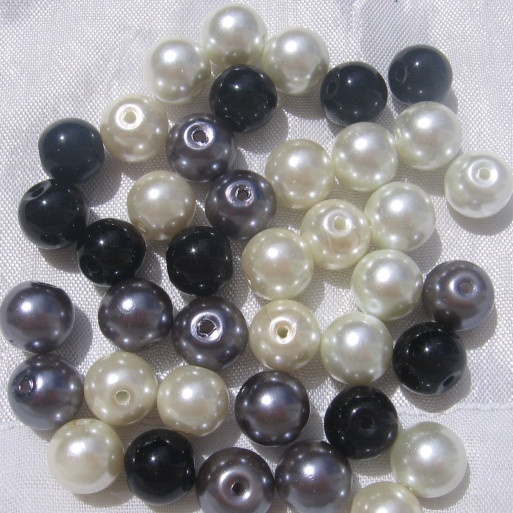 Lot mix 40 perles nacrées renaissance bohème rondes 10mm gris noir blanc ivoire - RU02