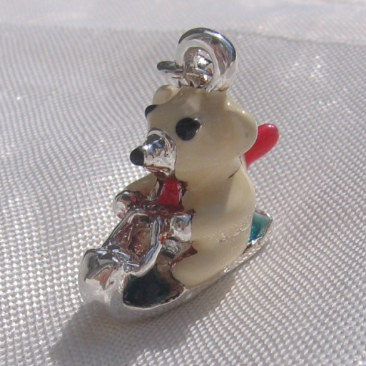 1 CHARM SUR MOUSQUETON OURSON LUGE BRELOQUE METAL ARGENTE *V365